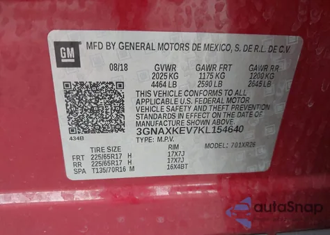 2019 Chevrolet Equinox Lt из США, поврежденный, VIN 3GNAXKEV7KL154640